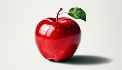 Shiny Red Apple With Fresh Stem and Leaf Against Light Background for Food Photography