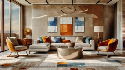 Modern living room interior, warm color palette, L-shaped beige sectional sofa, colorful throw pillows, round wooden coffee table, abstract geometric wall art, large windows, natural light, hardwood f