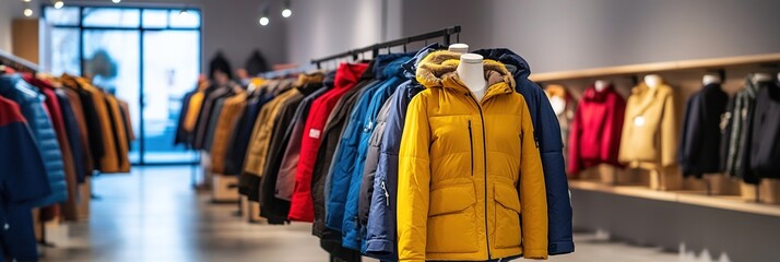 Obraz premium Elegant Boutique Display: Winter Coats and Jackets on Mannequins. Modern Retail Interior with Gray Walls, Concrete Floors, and Bright Lighting. Abstract Marketing Background for Fashion Advertising an