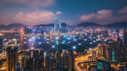 Fototapeta premium Smart digital Innovation city with connection network reciprocity over the cityscape. of future smart wireless city and social media networking systems that connects business people with in city