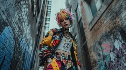 Fototapeta premium A female character with short, spiky rainbow hair, wearing street punk clothes standing in an alley, background wallpaper AI generated image