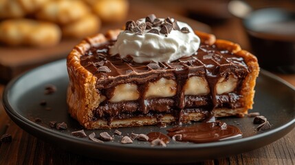 Decadent chocolate and banana pie with whipped cream.