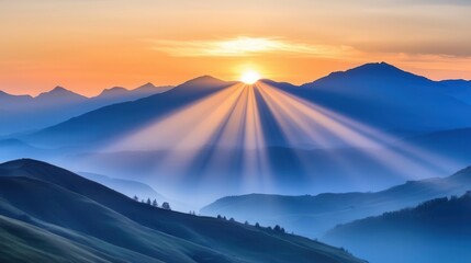 Broad panoramic view of a sunrise over rolling hills, [sunrise , wide , broad view], [expansive nature]