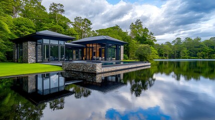 Obraz premium Modern Lake House with Infinity Pool
