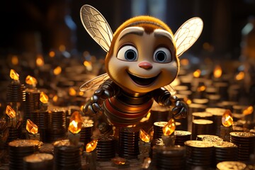 Happy cartoon bee amidst glowing coins.