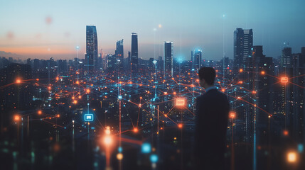 Obraz premium Smart digital Innovation city with connection network reciprocity over the cityscape. of future smart wireless city and social media networking systems that connects business people with in city