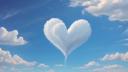 Fototapeta premium A heart-shaped cloud floating in a bright blue sky, holiday promo poster valentine day sale banner background, vibrant colors, romantic love and harmony