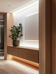 Modern minimalist hallway with wooden cabinetry and plant