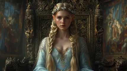 A fairy princess elf with long golden hair braided with small flowers, wearing a royal dress. background wallpaper AI generated image