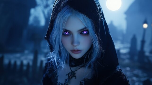 A witch princess with white hair and a dark black hood, sharp purple eyes background wallpaper AI generated image