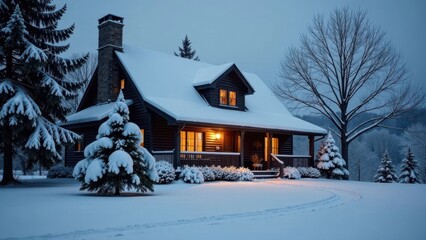 Serene Winter Haven A Cozy Log Cabin Nestled in a Snow-Covered Landscape at Dusk