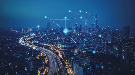 Fototapeta premium Smart digital Innovation city with connection network reciprocity over the cityscape. of future smart wireless city and social media networking systems that connects business people with in city