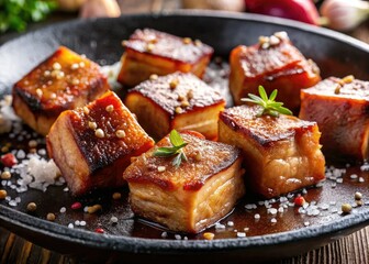 Indulge in this mouthwatering, close-up shot of perfectly crispy salt pork belly.  The best recipe ever!