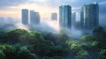 Mist-Covered Forest at Dawn with Soft Light Filtering Through Trees