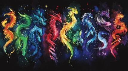 All 12 zodiac signs arranged in a circular pattern on a vibrant watercolor background, showcasing intricate freehand details.