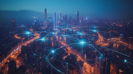 Fototapeta premium Smart digital Innovation city with connection network reciprocity over the cityscape. of future smart wireless city and social media networking systems that connects business people with in city