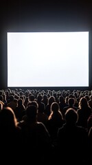 Crowded Auditorium: Audience Listening to Speaker on Stage with White Screen. Business Conference or Seminar Scene from Rear View. Abstract Marketing Background for Corporate Events and Professional P