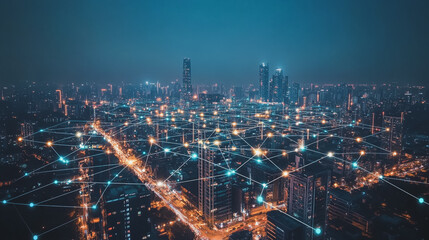 Fototapeta premium Smart digital Innovation city with connection network reciprocity over the cityscape. of future smart wireless city and social media networking systems that connects business people with in city