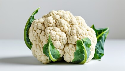 Fresh White Cauliflower Head with Green Leaves on Light Background for Upscale Food Photography