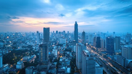 Fototapeta premium Cityscape at twilight, high-angle view.