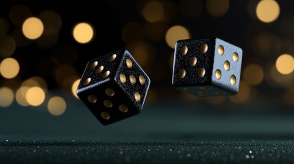 Two black dice with gold dots in mid-air against a bokeh background.