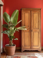Bird of Paradise Plant Beside Antique Wooden Armoire