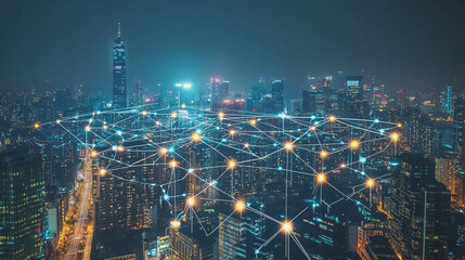 Smart digital Innovation city with connection network reciprocity over the cityscape. of future smart wireless city and social media networking systems that connects business people with in city