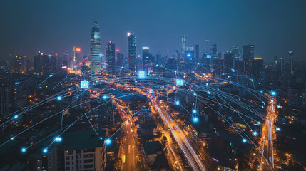 Fototapeta premium Smart digital Innovation city with connection network reciprocity over the cityscape. of future smart wireless city and social media networking systems that connects business people with in city