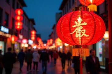 Red Chinese glowing lantern on the background of the night city at the New Year festival....