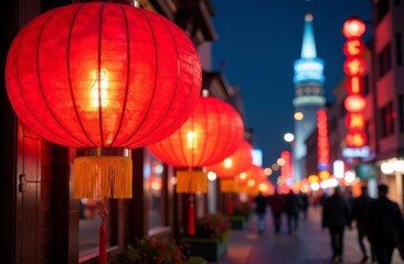 Obraz premium Red Chinese glowing lantern on the background of the night city at the New Year festival. Traditional decoration