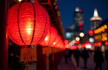 New Year's traditional red Chinese glowing lanterns on the background of the night city at the festival