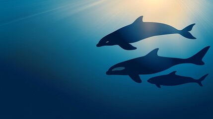 Fototapeta premium Silhouettes of dolphins swimming gracefully in the deep blue ocean.