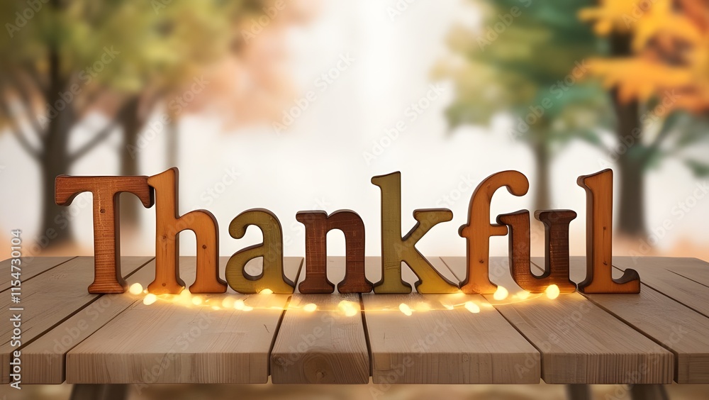 Fototapete the word thankful is written in wooden letters on the table with a blurred background of autumn tree