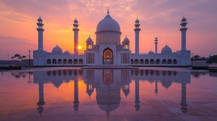 Majestic mosque reflecting in calm water at sunrise.