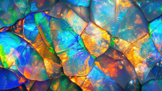top view on flat surface of colorful black opal gemstone mineral, texture background   
