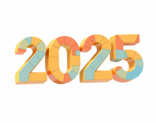 A captivating 3D low poly style big letter "2025" rounded plastic textured, catchy colors, voxel art style, well rendered and floats seamlessly on an isolated white background.