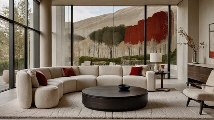 modern living room, panoramic windows, forest view, minimalist furniture, beige sofa, accent chair, round coffee table, red circular wall art, neutral color palette, natural light, cozy interior, cont