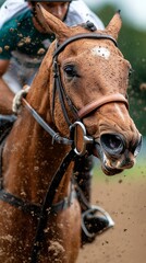 Obraz premium A close-up of a brown horse galloping, showcasing its power and determination.