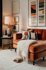 Fototapeta premium Modern living room interior, geometric abstract wall art, white sofa, orange accent pillow, wooden floor lamp, cozy throw blanket, textured ottoman, warm color palette, minimalist decor, Scandinavian 