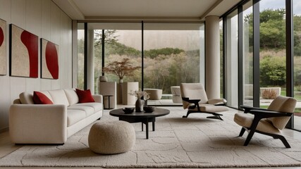 Fototapeta premium modern living room, panoramic windows, forest view, minimalist furniture, beige sofa, accent chair, round coffee table, red circular wall art, neutral color palette, natural light, cozy interior, cont