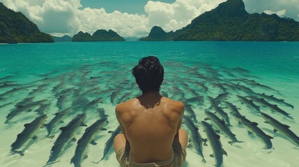 Man meditates on beach, surrounded by sharks in turquoise ocean.