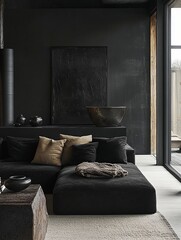 Dark Modern Living Room Interior Design With Sectional Sofa