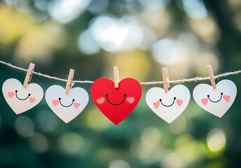 A string of hearts with one red heart and four white hearts