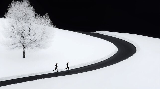 Two runners on a snowy road curving past a frost-covered tree.