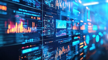 Futuristic digital data wall with graphs, charts, and code.