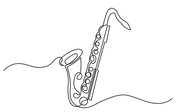 recommend clip art: Continuous line drawing of saxophone vector illustration. One line-art saxophone musical instrument is isolated on a white background.