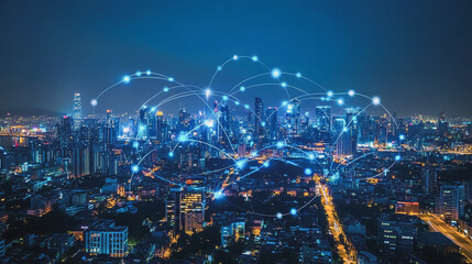 Fototapeta premium Smart digital Innovation city with connection network reciprocity over the cityscape. of future smart wireless city and social media networking systems that connects business people with in city