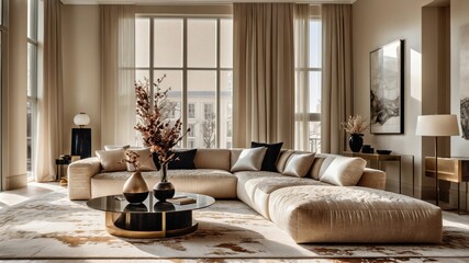 Luxurious modern living room, neutral color palette, large abstract art piece, curved sofas, round coffee table, floor-to-ceiling windows, minimalist decor, high-end interior design, soft lighting, te