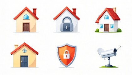 Obraz premium Home Security System Icons House Lock Shield Satellite