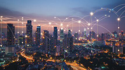 Fototapeta premium Smart digital Innovation city with connection network reciprocity over the cityscape. of future smart wireless city and social media networking systems that connects business people with in city
